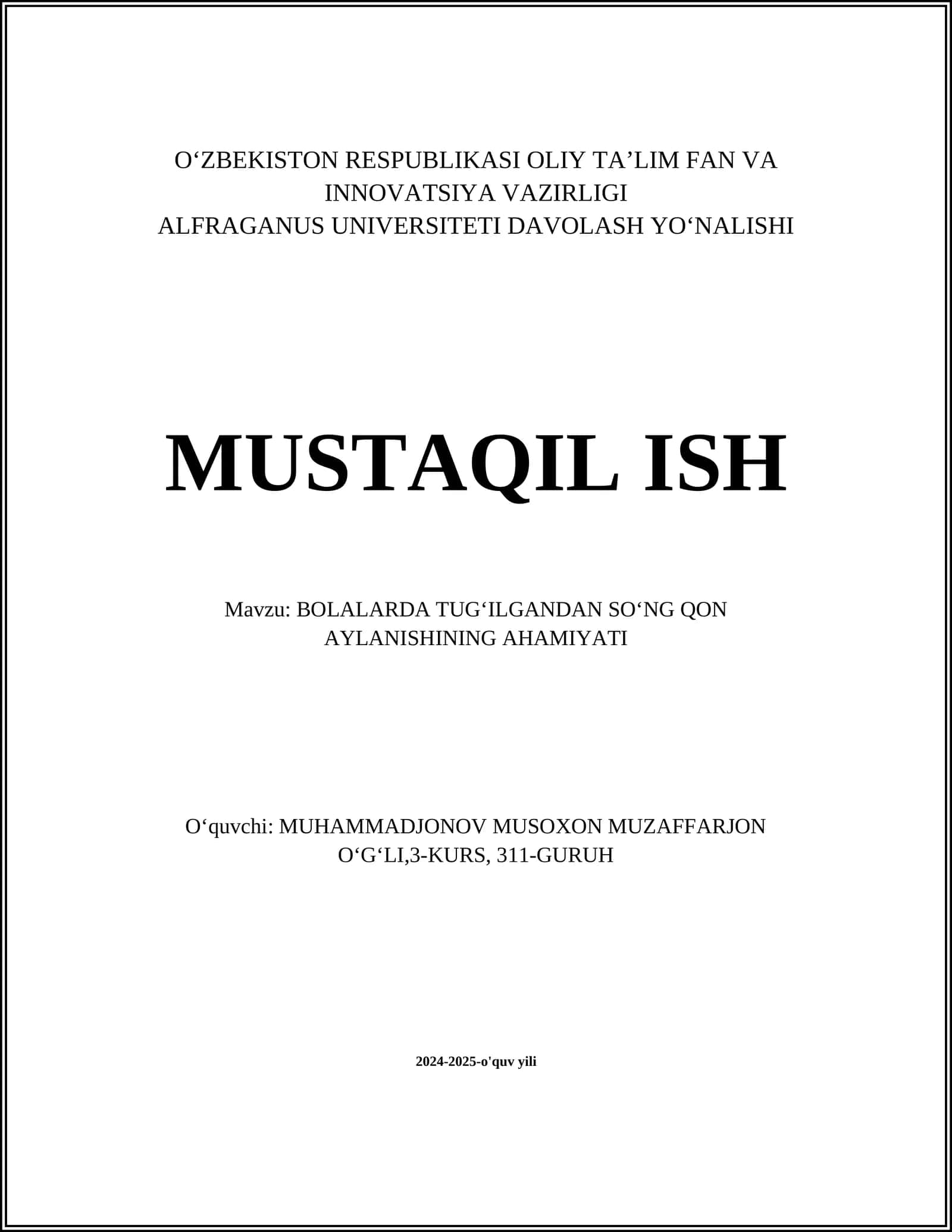 BOLALARDA TUGʻILGANDAN SOʻNG QON AYLANISHINING AHAMIYATI