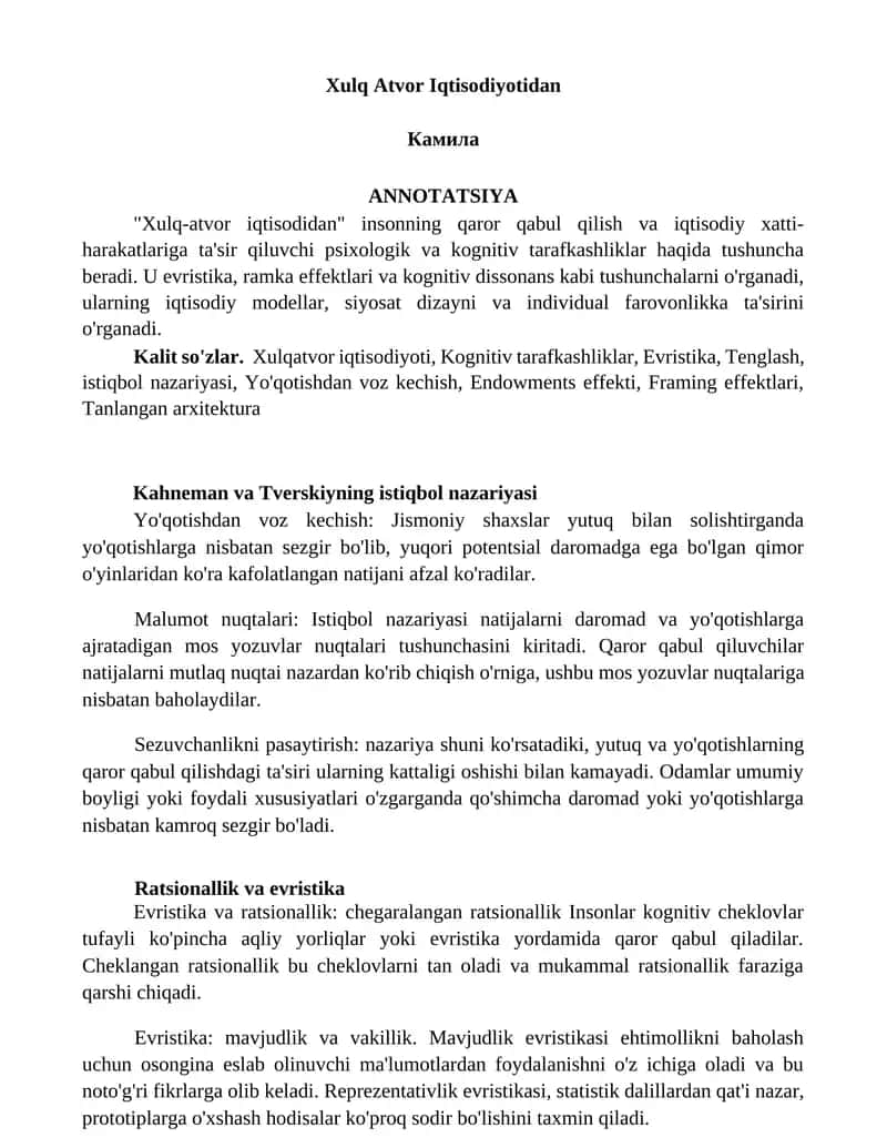 Xulq Atvor Iqtisodiyotidan