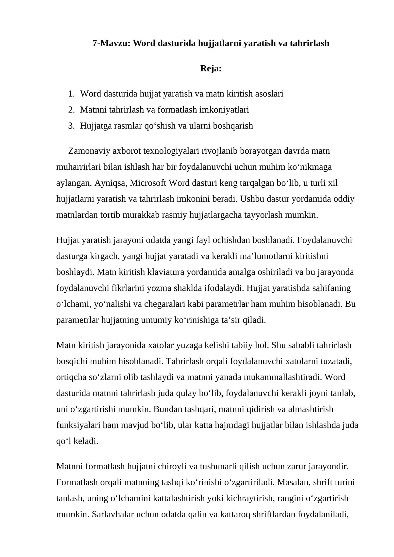 Word dasturida hujjatlarni yaratish va tahrirlash