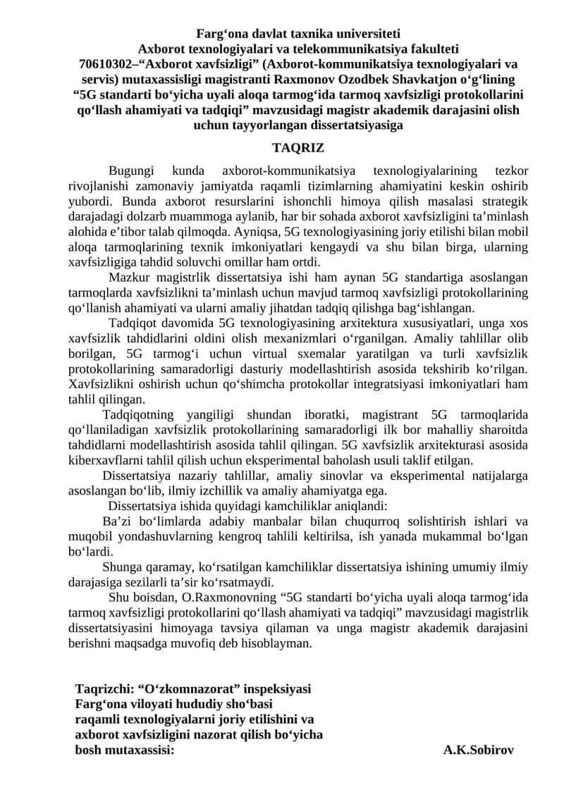 Magistr dissertatsiyasi: "5G standarti bo‘yicha uyali aloqa tarmog‘ida tarmoq xavfsizligi protokollarini qo‘llash ahamiyati va tadqiqi"