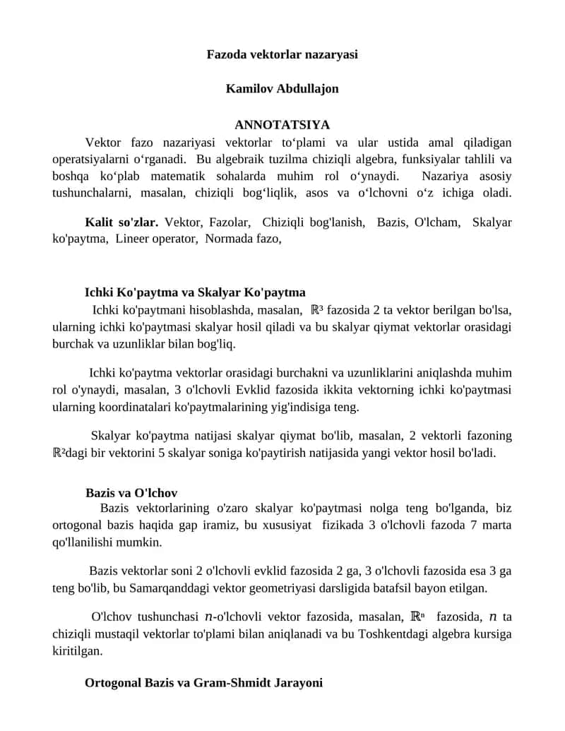Fazoda vektorlar nazaryasi