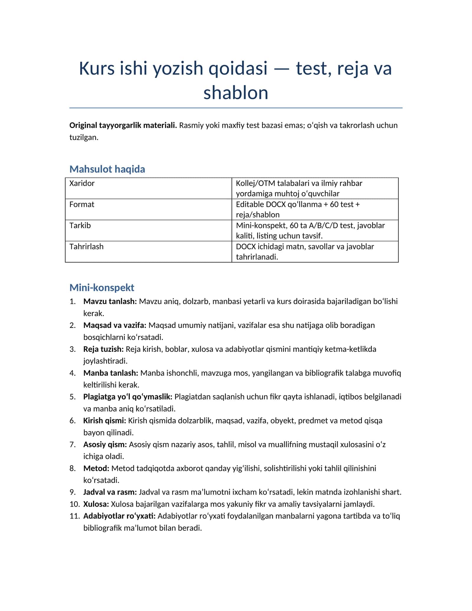 Kurs ishi yozish qoidasi — test, reja va shablon