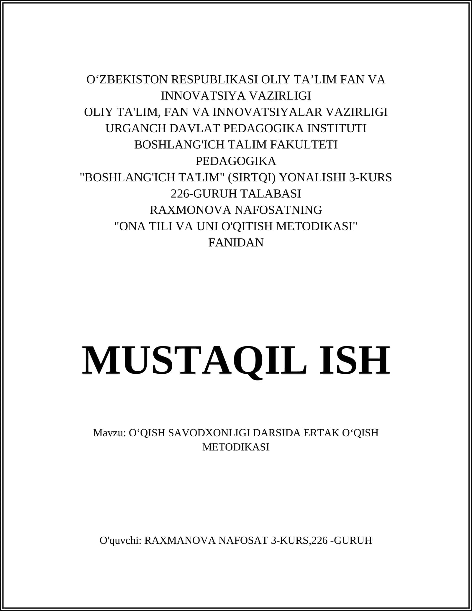 OʻQISH SAVODXONLIGI DARSIDA ERTAK OʻQISH METODIKASI