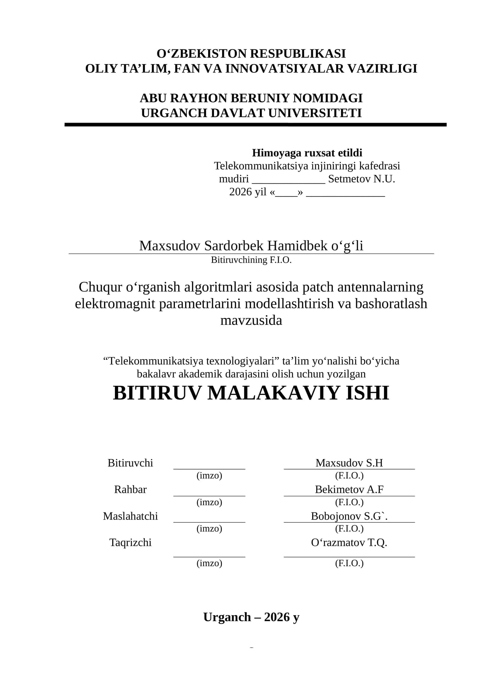 Chuqur o‘rganish algoritmlari asosida patch antennalarning elektromagnit parametrlarini modellashtirish va bashoratlash mаvzusidа