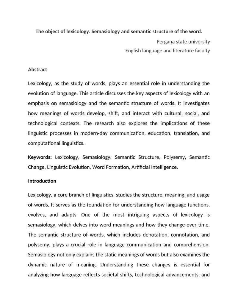 The object of lexicology. Semasiology and semantic structure of the word