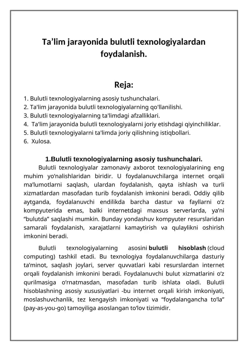Ta’lim jarayonida bulutli texnologiyalardan foydalanish.