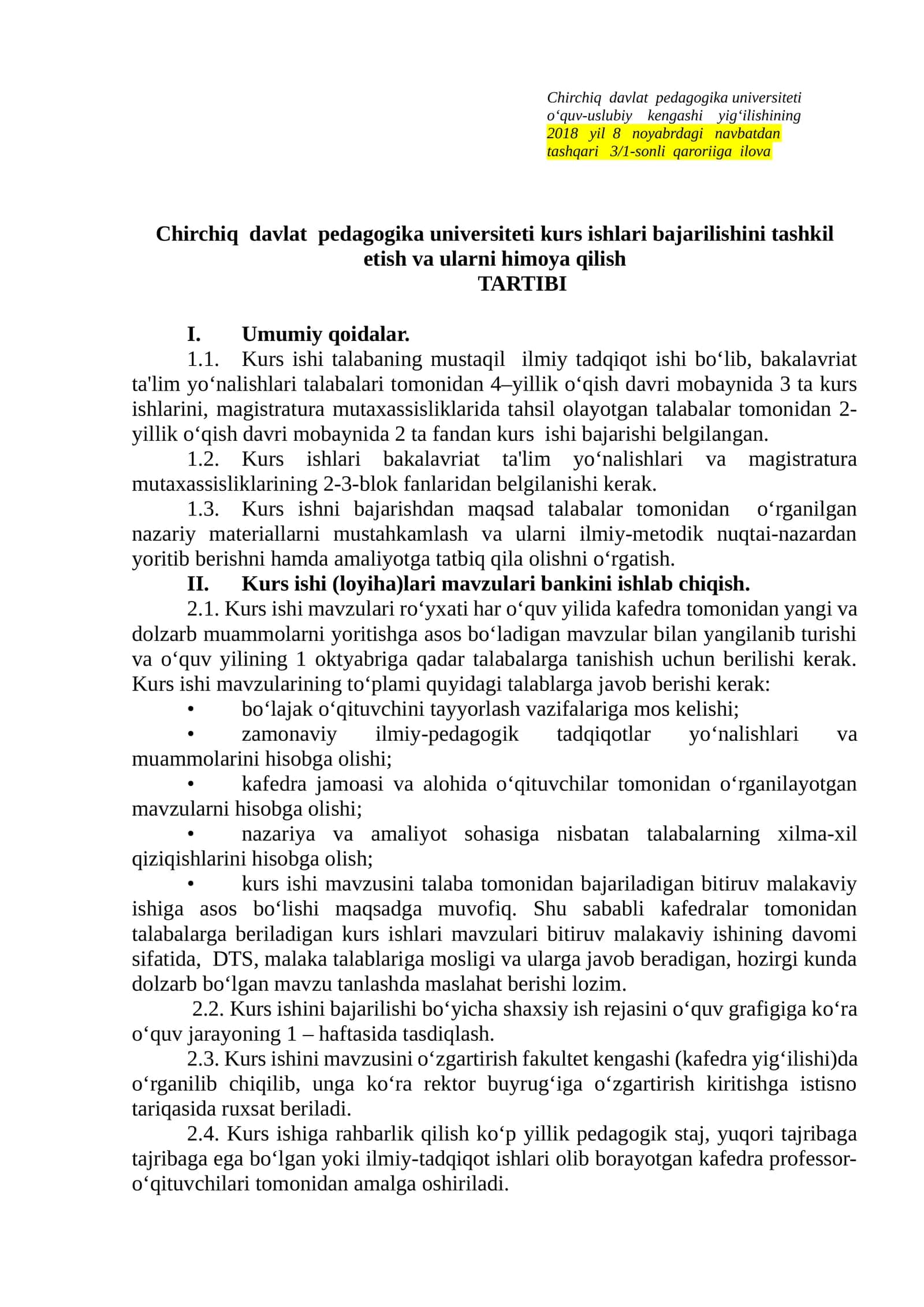 Kurs ishlari bajarilishi
