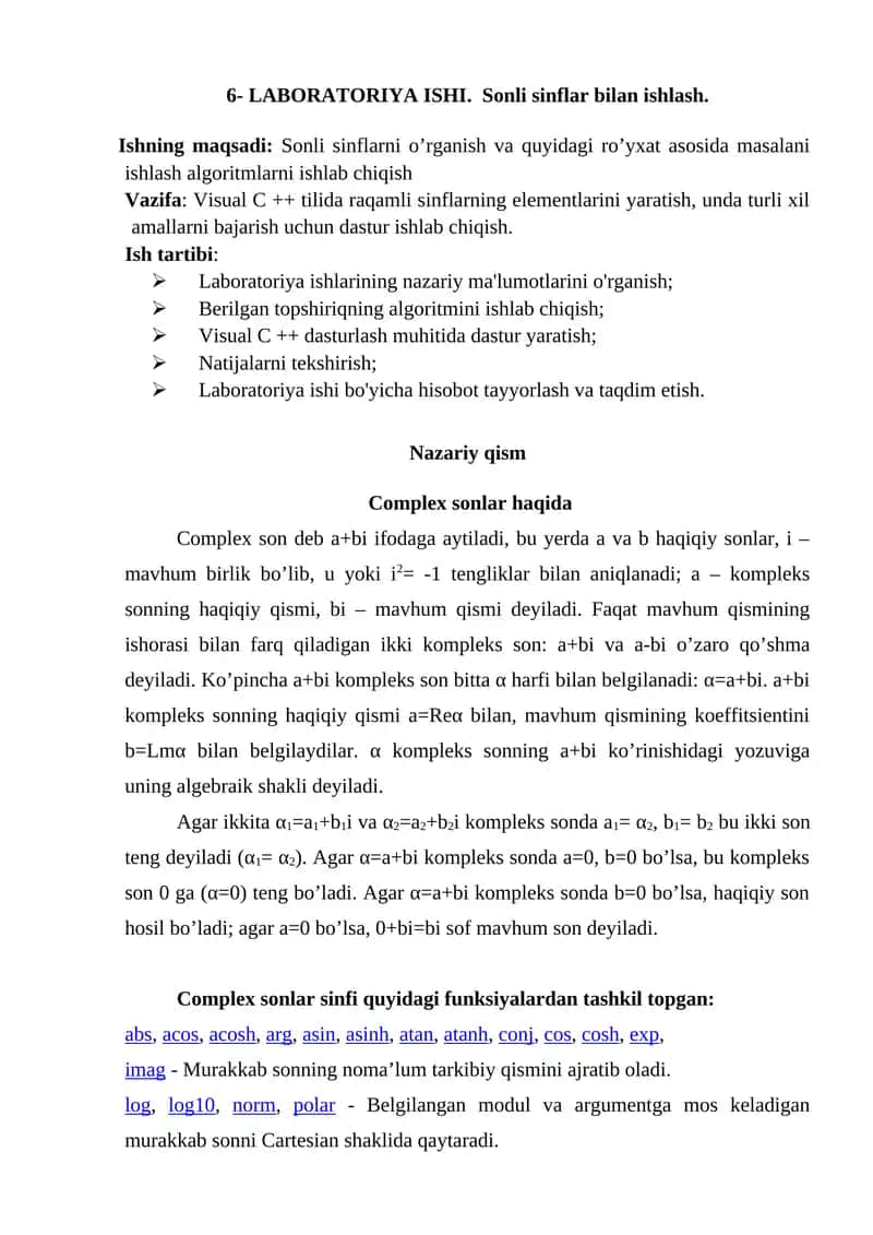 6- LABORATORIYA ISHI. Sonli sinflar bilan ishlash