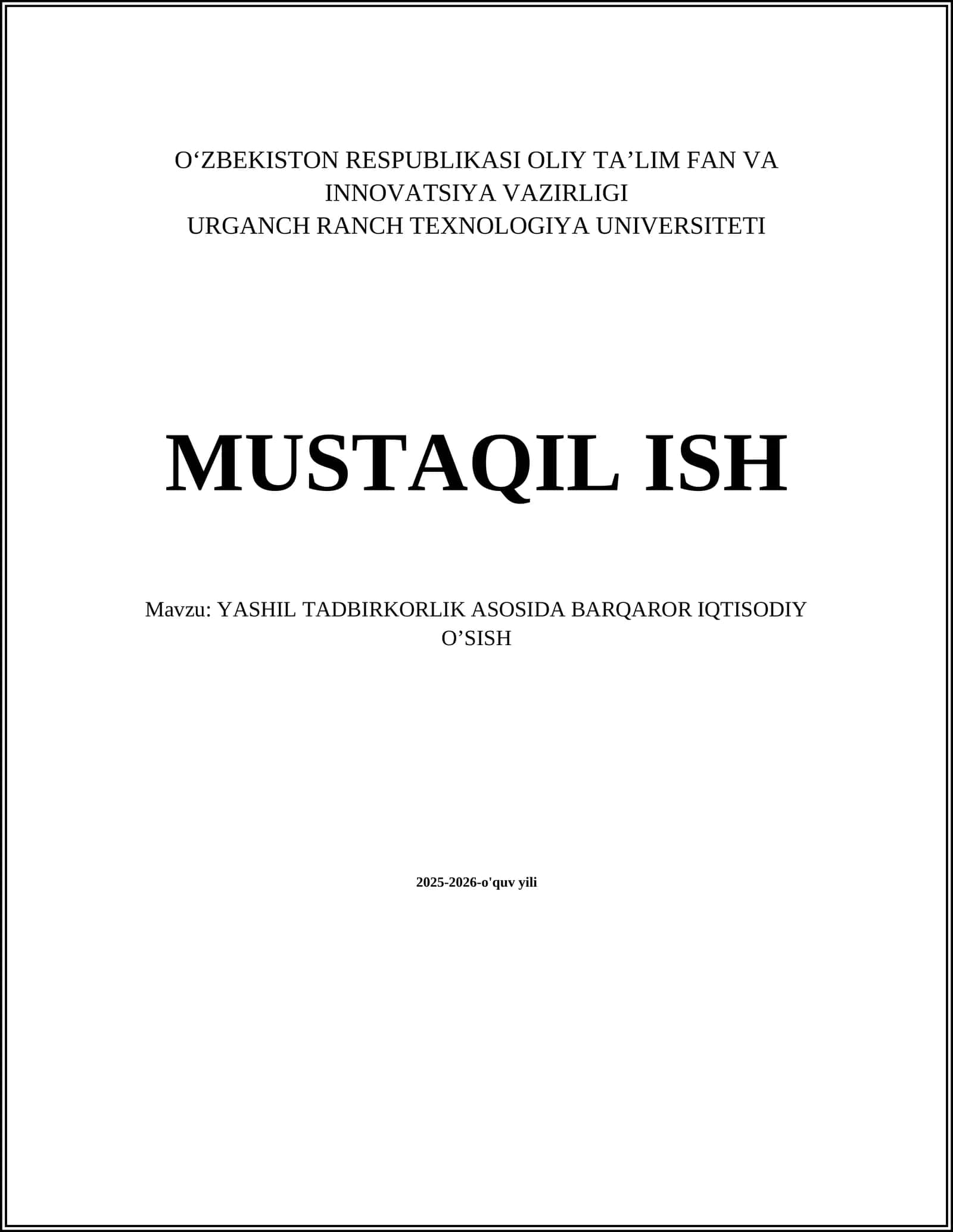 YASHIL TADBIRKORLIK ASOSIDA BARQAROR IQTISODIY O’SISH
