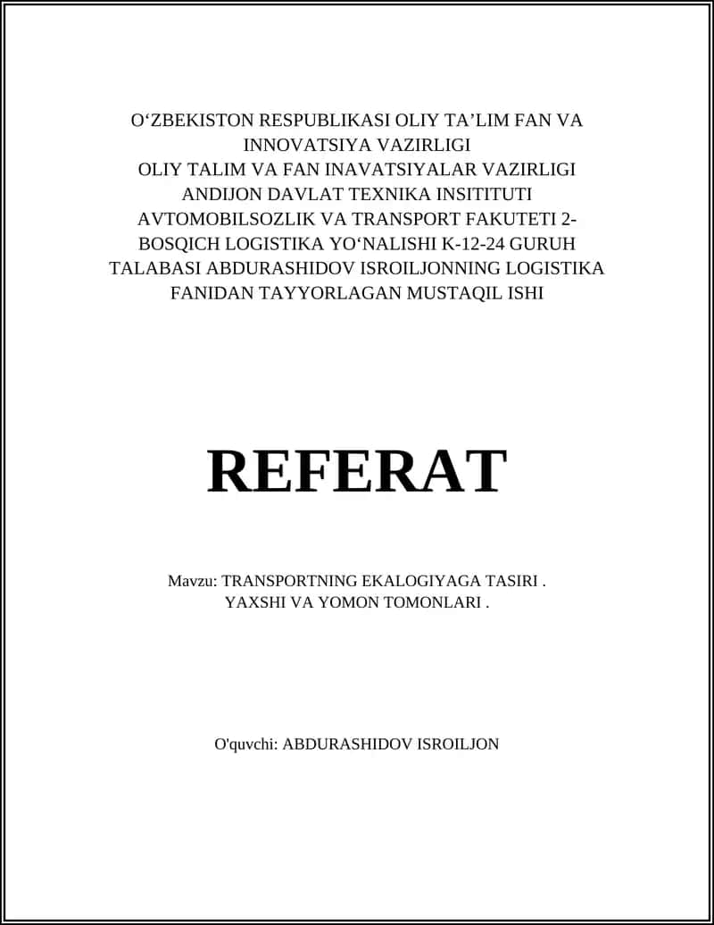 TRANSPORTNING EKALOGIYAGA TASIRI
