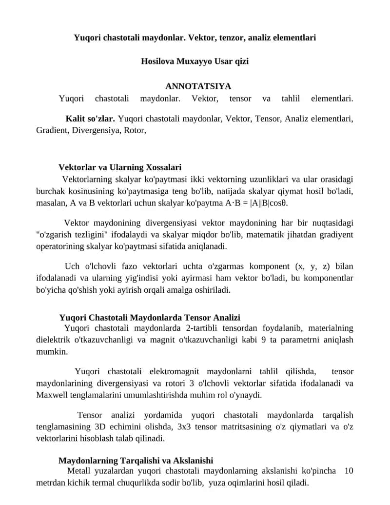 Yuqori chastotali maydonlar. Vektor, tenzor, analiz elementlari