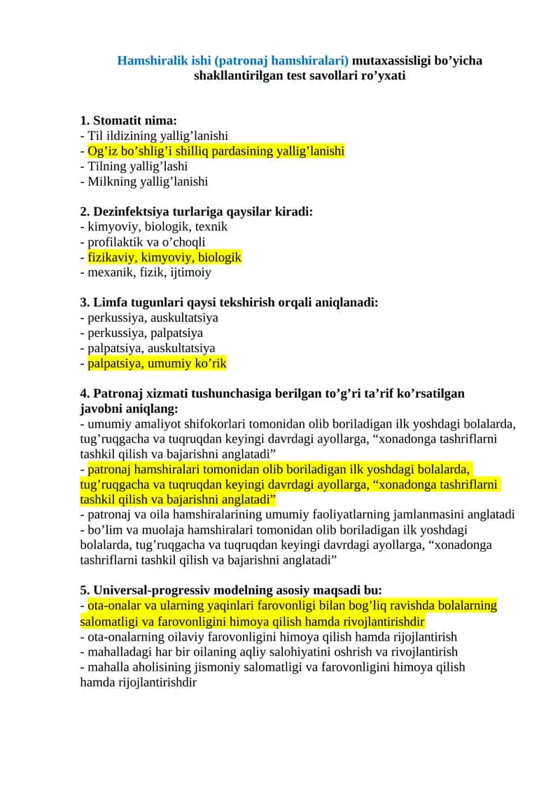 Hamshiralik ishi (patronaj hamshiralari) mutaxassisligi bo’yicha shakllantirilgan test savollari ro’yxati argost test 100 %