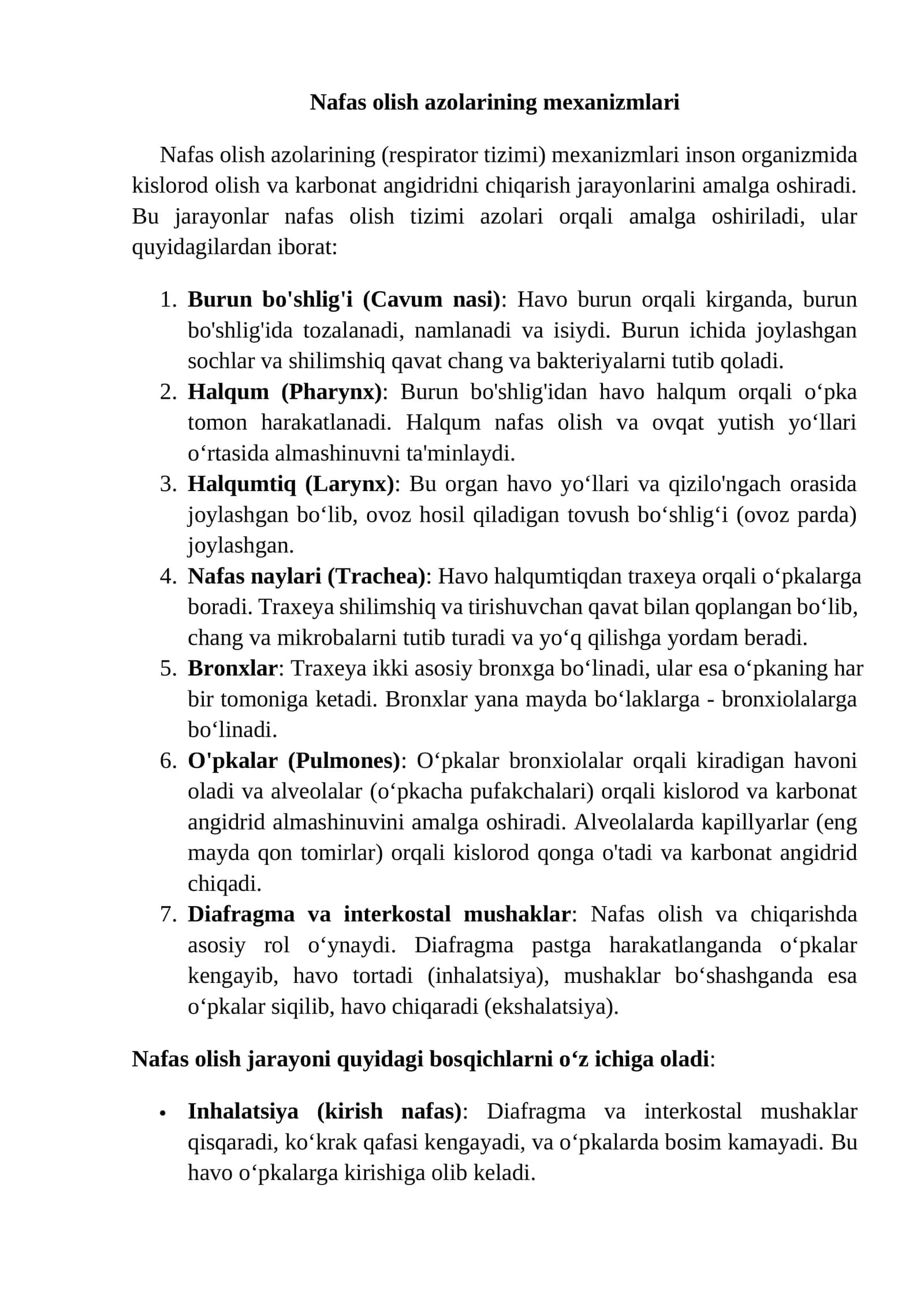 Nafas olish azolarining mexanizmlari