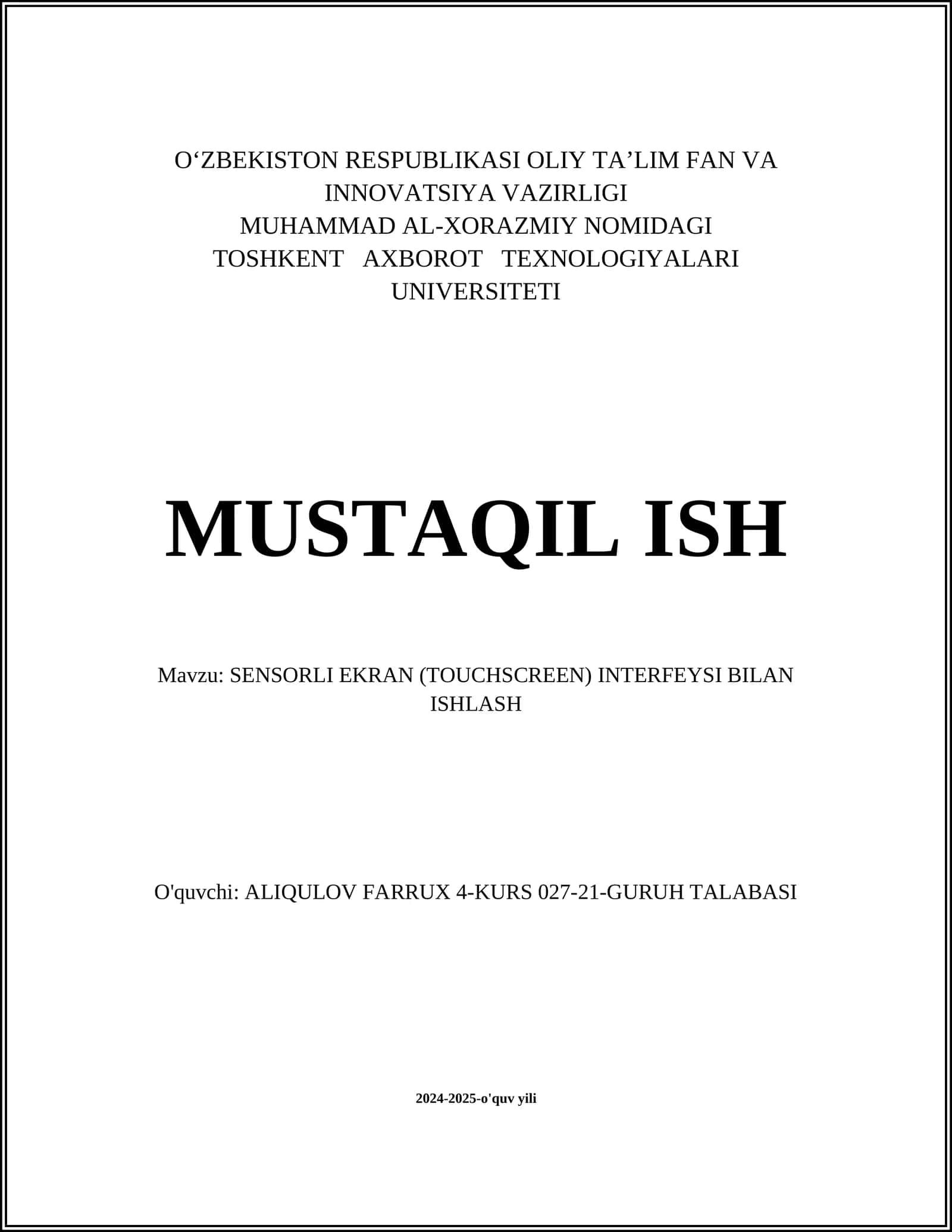 SENSORLI EKRAN (TOUCHSCREEN) INTERFEYSI BILAN ISHLASH