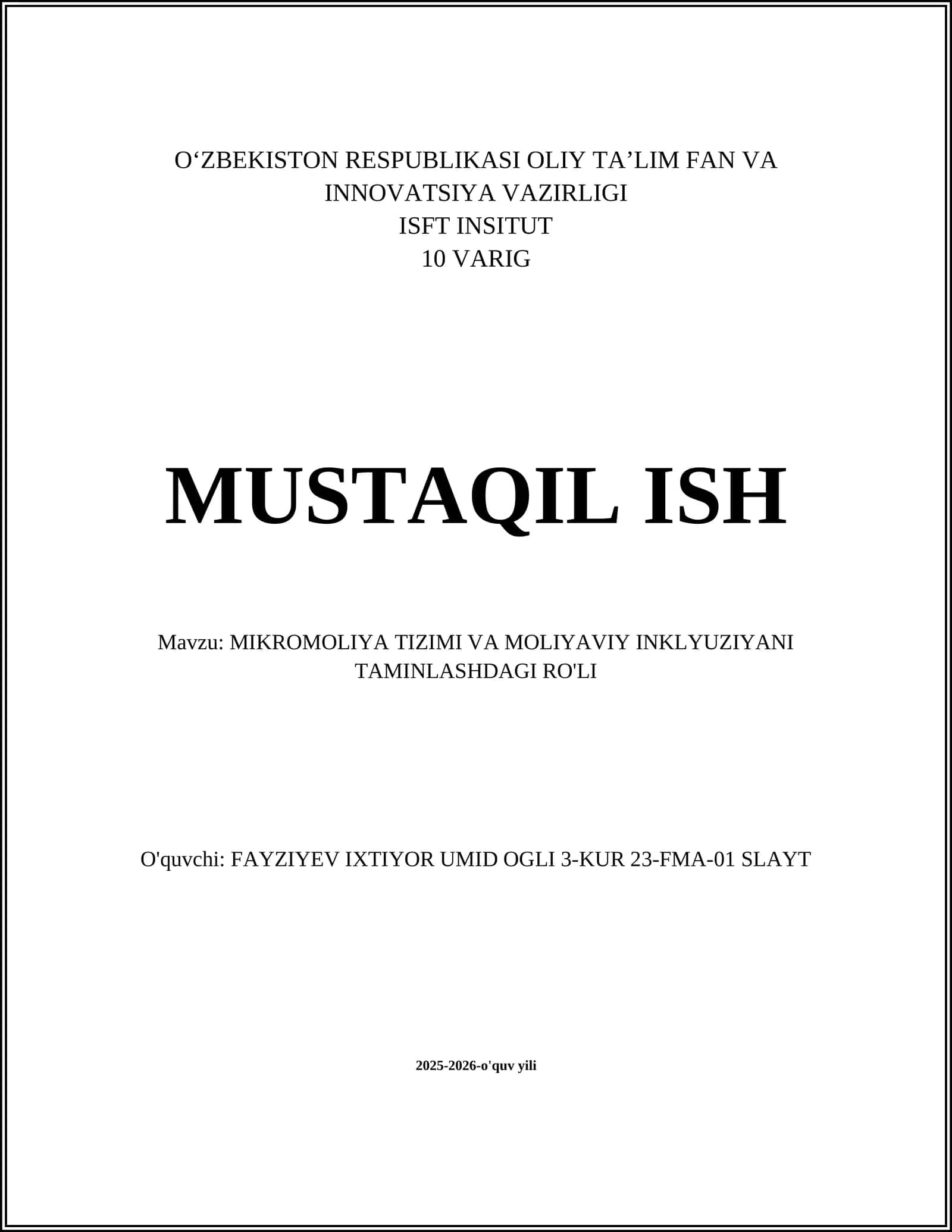 MIKROMOLIYA TIZIMI VA MOLIYAVIY INKLYUZIYANI TAMINLASHDAGI RO'LI