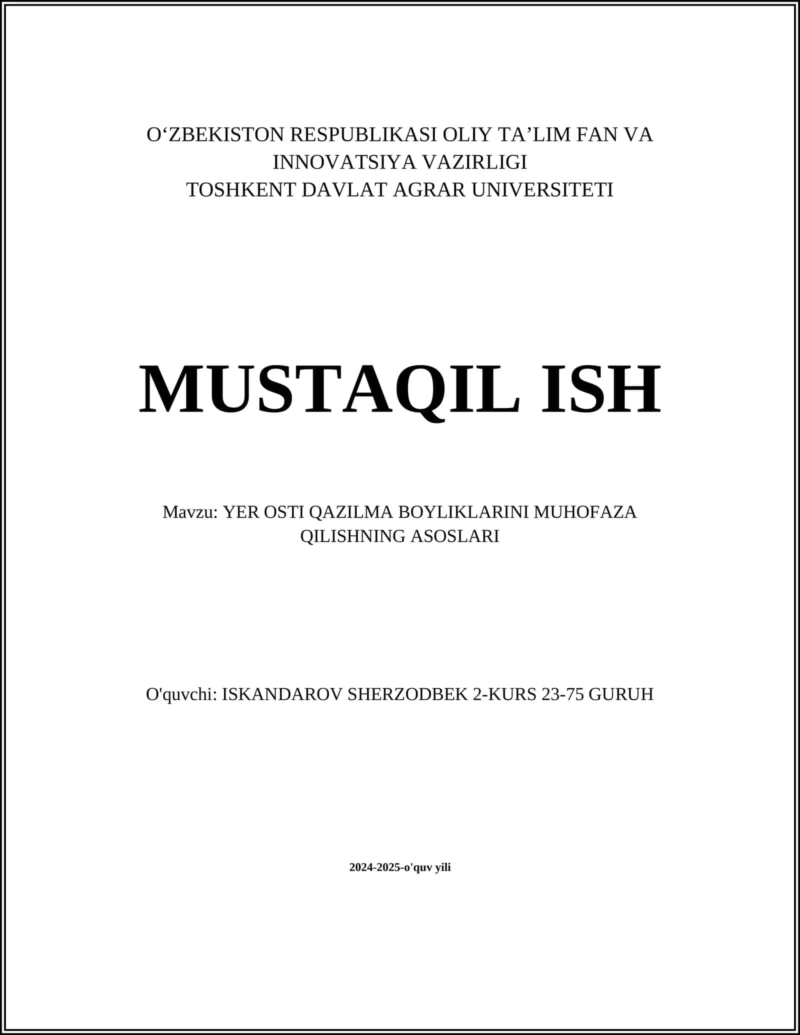 Yer osti qazilma boyliklarini muhofaza qilishning asoslari