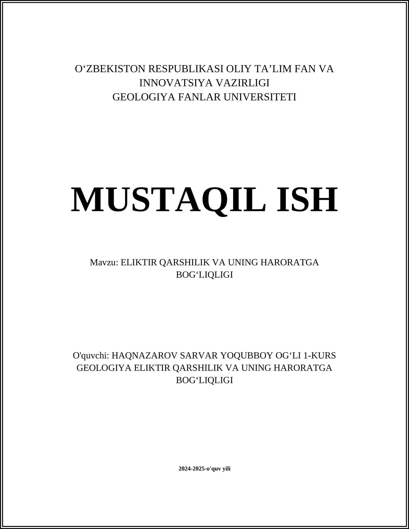 ELIKTIR QARSHILIK VA UNING HARORATGA BOGʻLIQLIGI