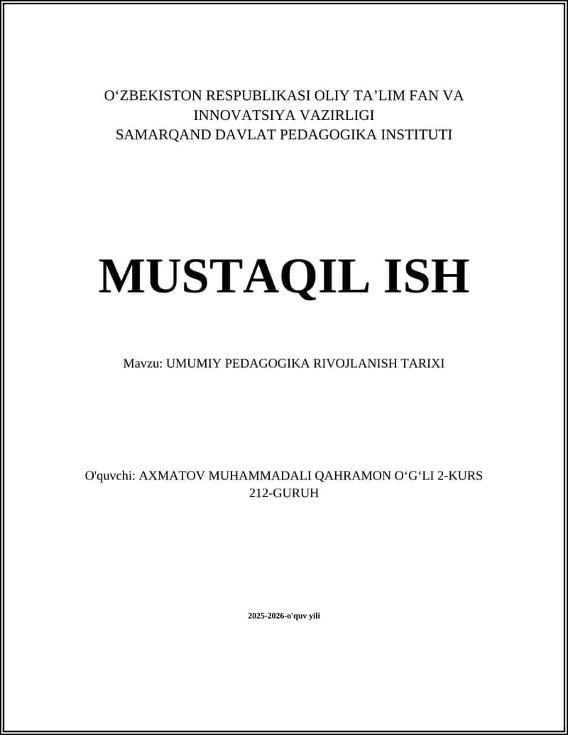 UMUMIY PEDAGOGIKA RIVOJLANISH TARIXI
