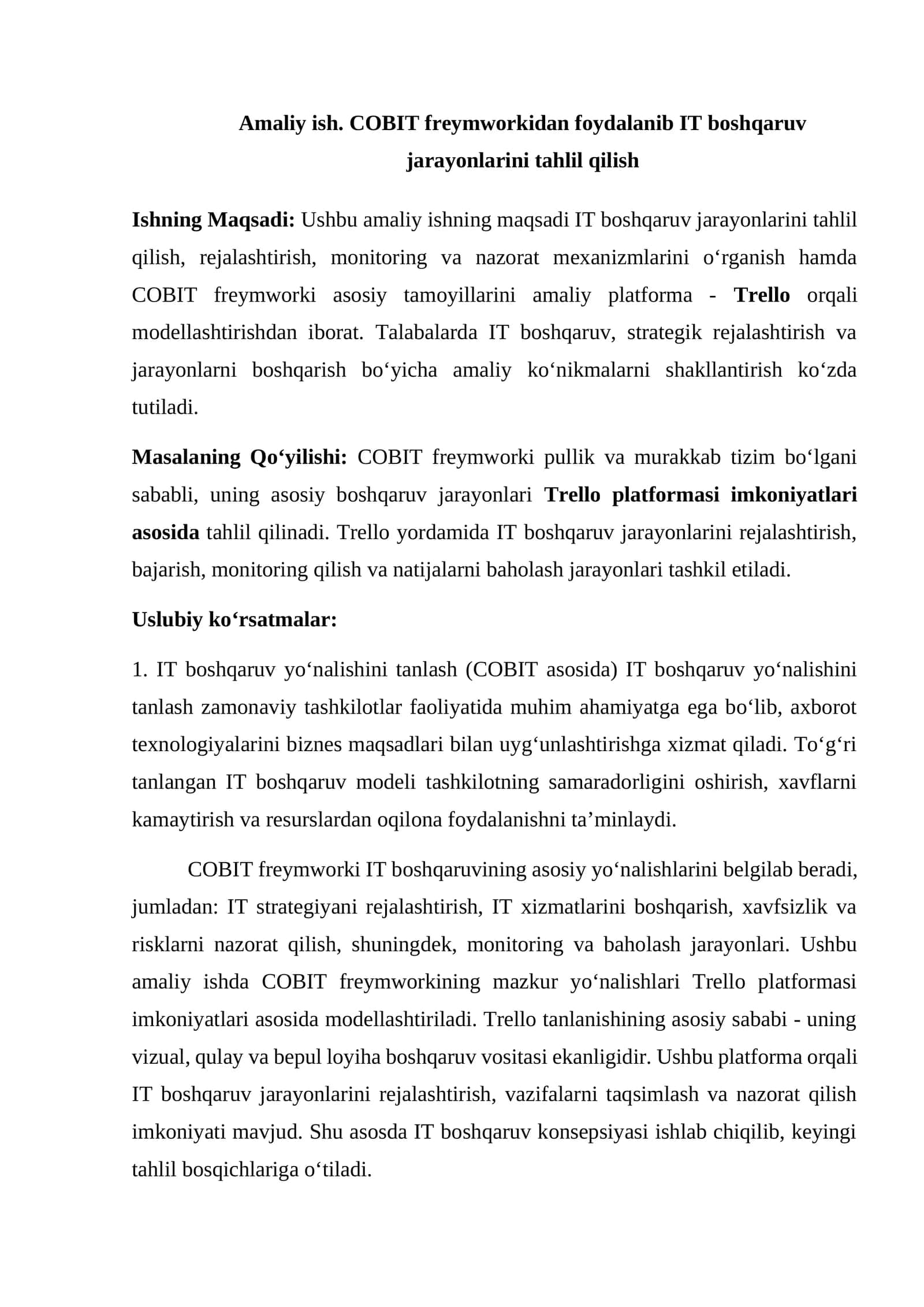 Amaliy ish. COBIT freymworkidan foydalanib IT boshqaruv jarayonlarini tahlil qilish