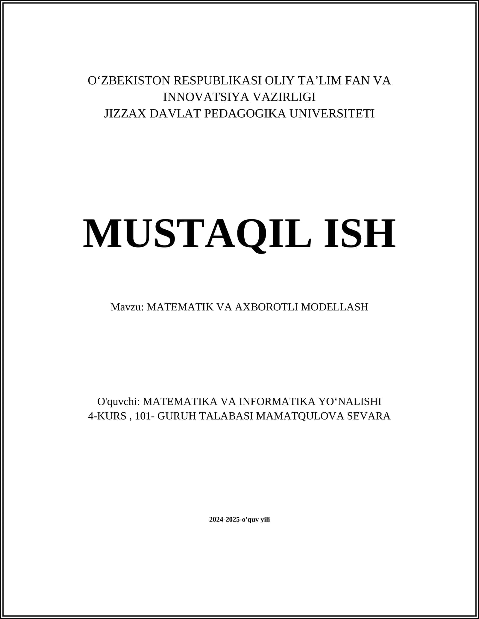 MATEMATIK VA AXBOROTLI MODELLASH