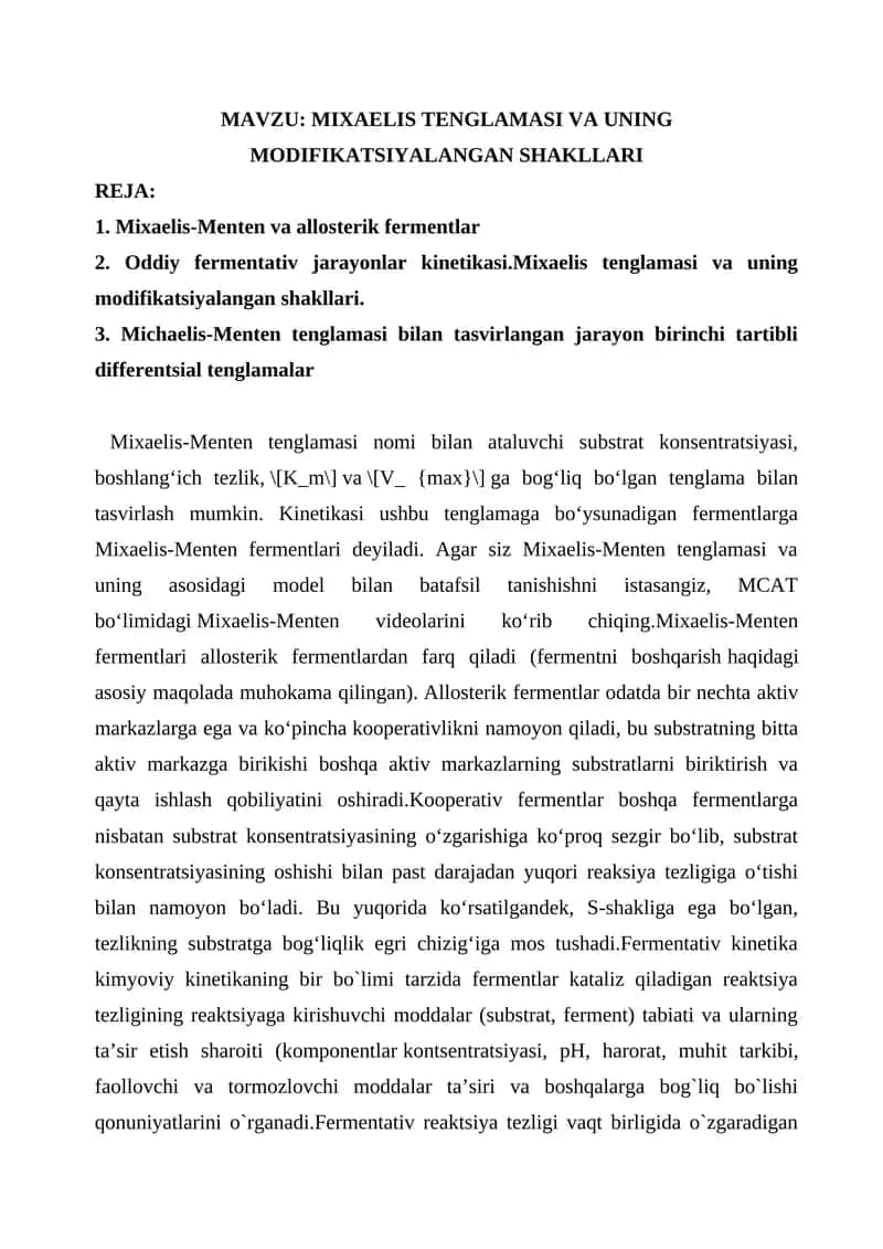 MIXAELIS TENGLAMASI VA UNING MODIFIKATSIYALANGAN SHAKLLARI