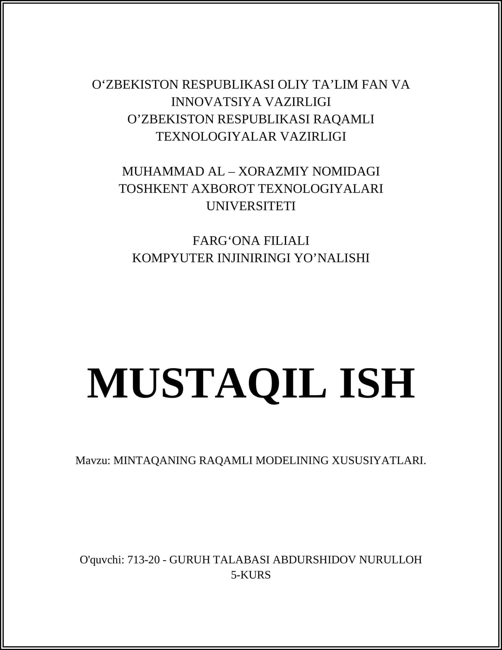 MINTAQANING RAQAMLI MODELINING XUSUSIYATLARI