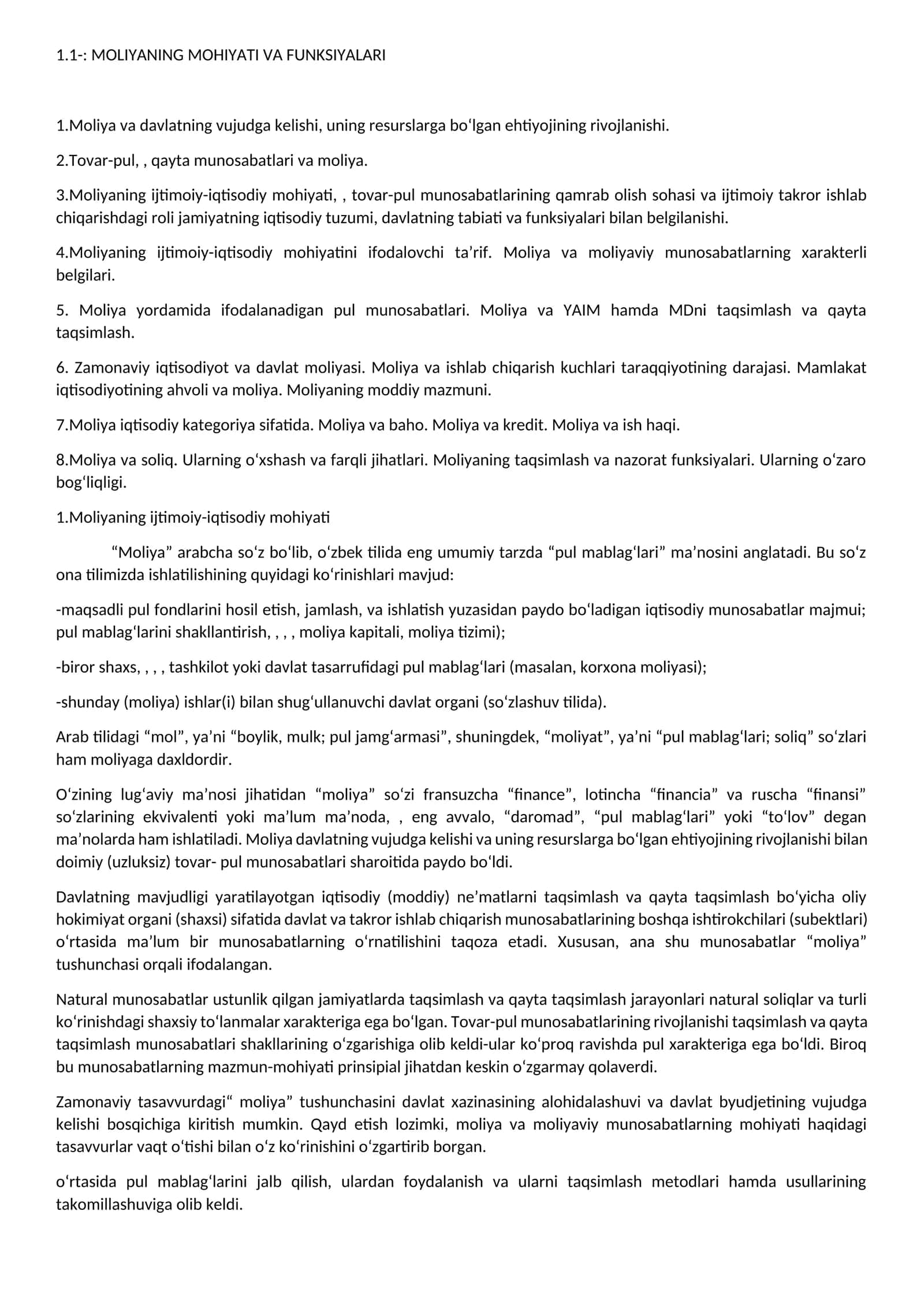 MOLIYANING MOHIYATI VA FUNKSIYALARI