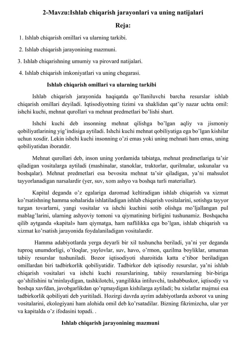 Ishlab chiqarish jarayonlari va uning natijalari