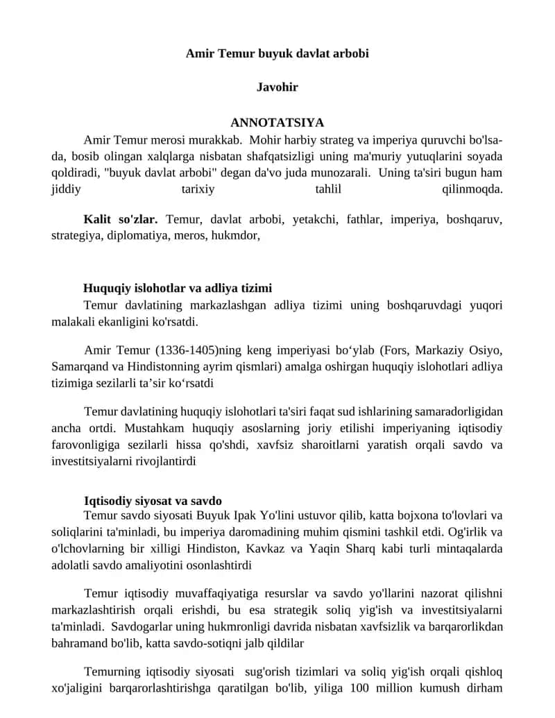 Amir Temur buyuk davlat arbobi