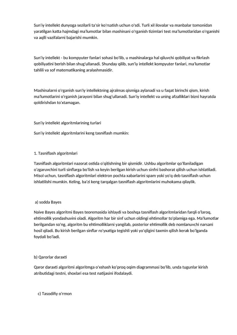 Sun'iy intellekt algoritmlarining turlari