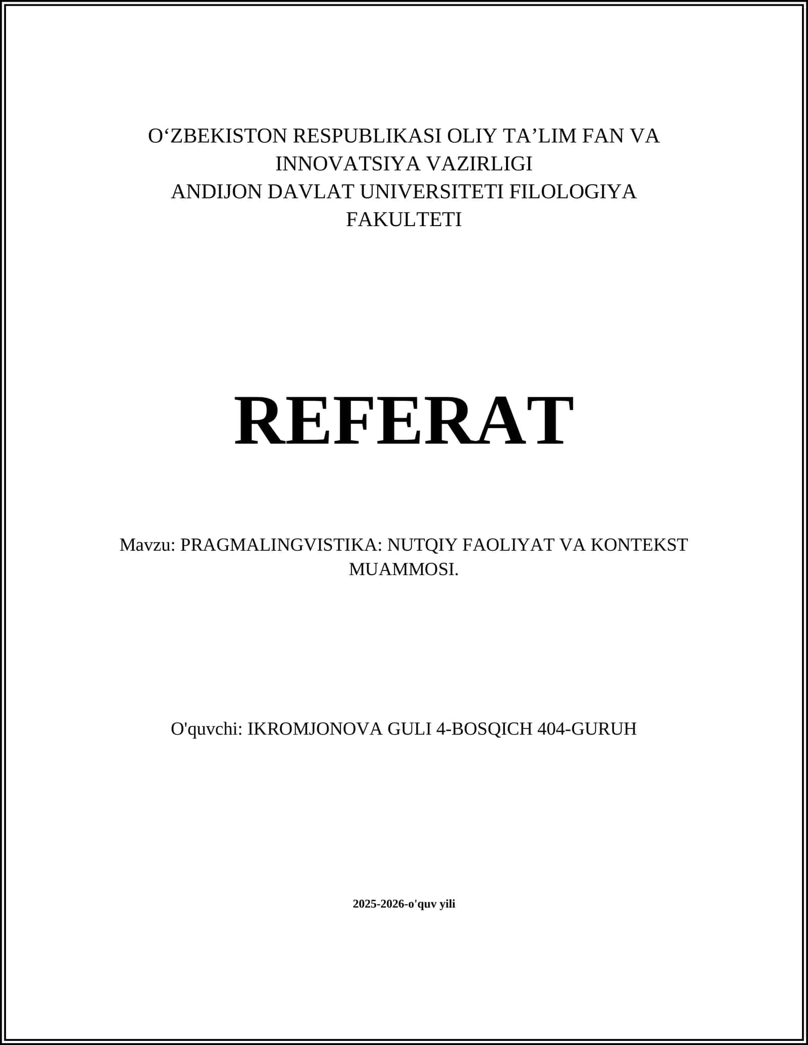 PRAGMALINGVISTIKA: NUTQIY FAOLIYAT VA KONTEKST MUAMMOSI