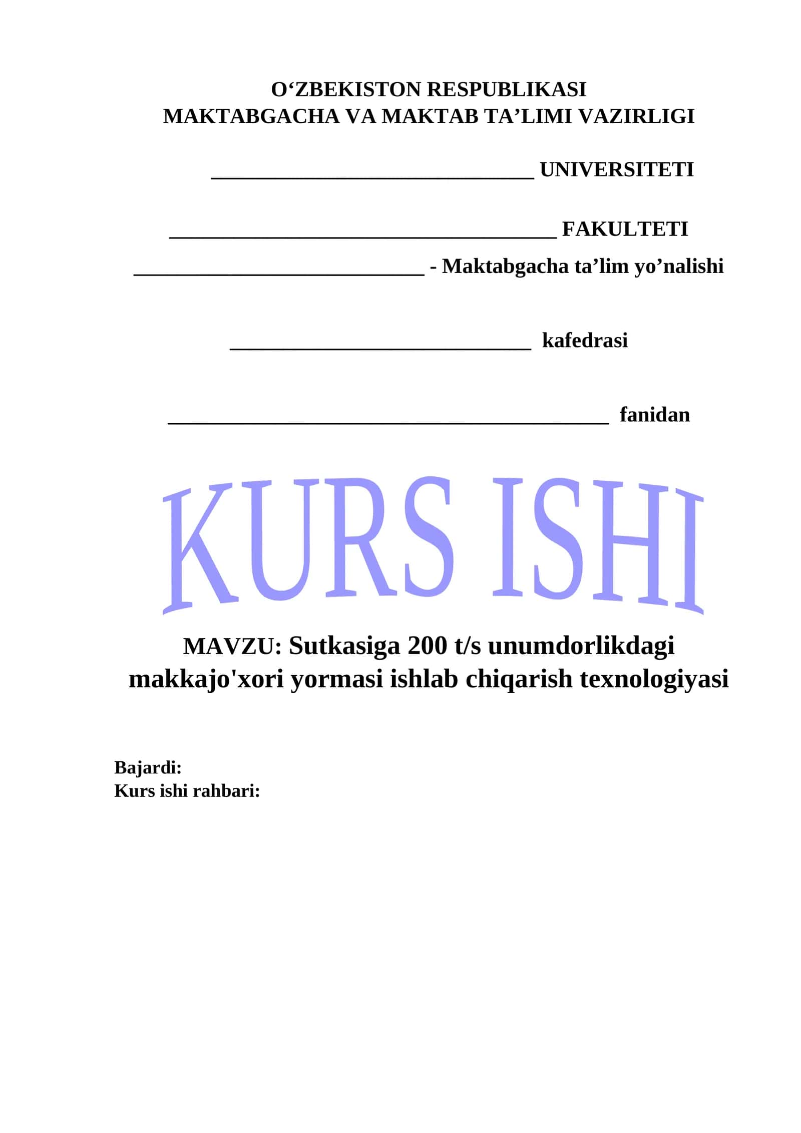Sutkasiga 200 t/s unumdorlikdagi makkajo'xori yormasi ishlab chiqarish texnologiyasi