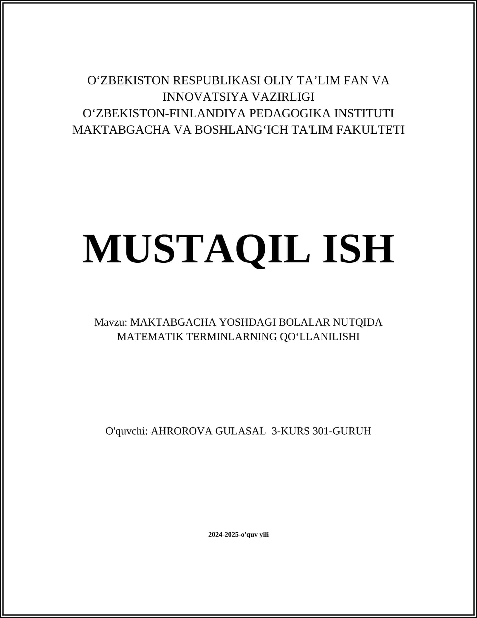 MAKTABGACHA YOSHDAGI BOLALAR NUTQIDA MATEMATIK TERMINLARNING QO‘LLANILISHI