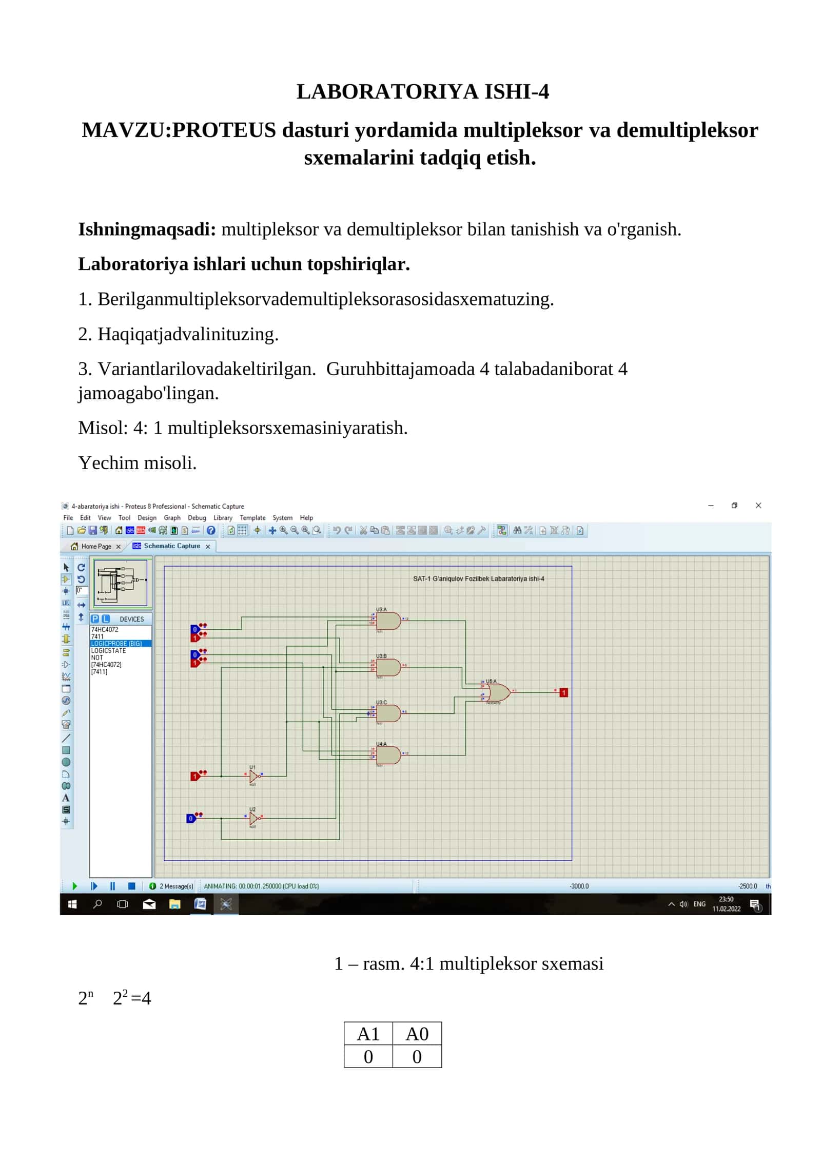 PROTEUS dasturi yordamida multipleksor va demultipleksor sxemalarini tadqiq etish