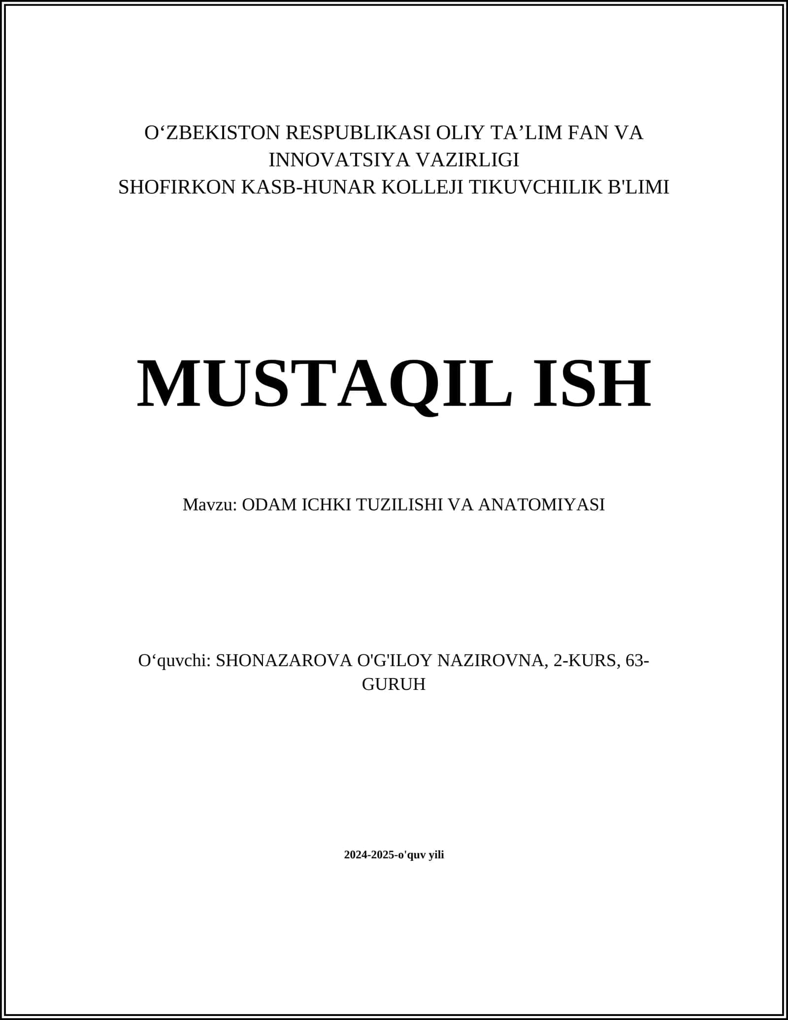 ODAM ICHKI TUZILISHI VA ANATOMIYASI