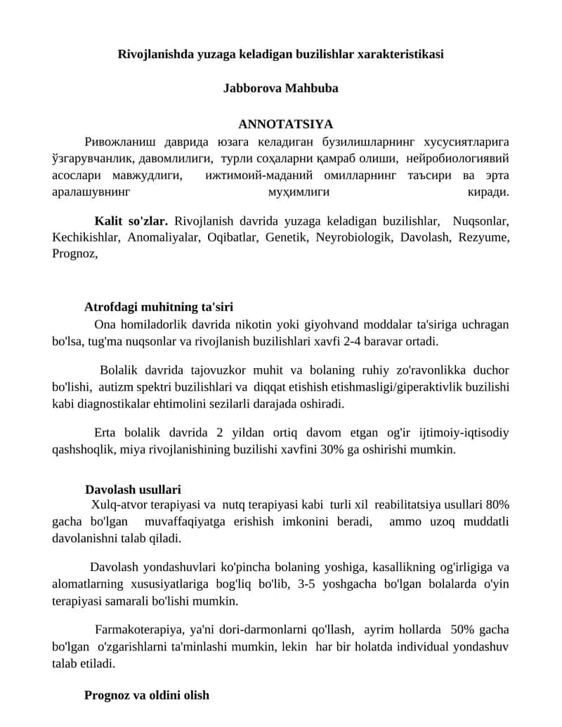 Rivojlanishda yuzaga keladigan buzilishlar xarakteristikasi