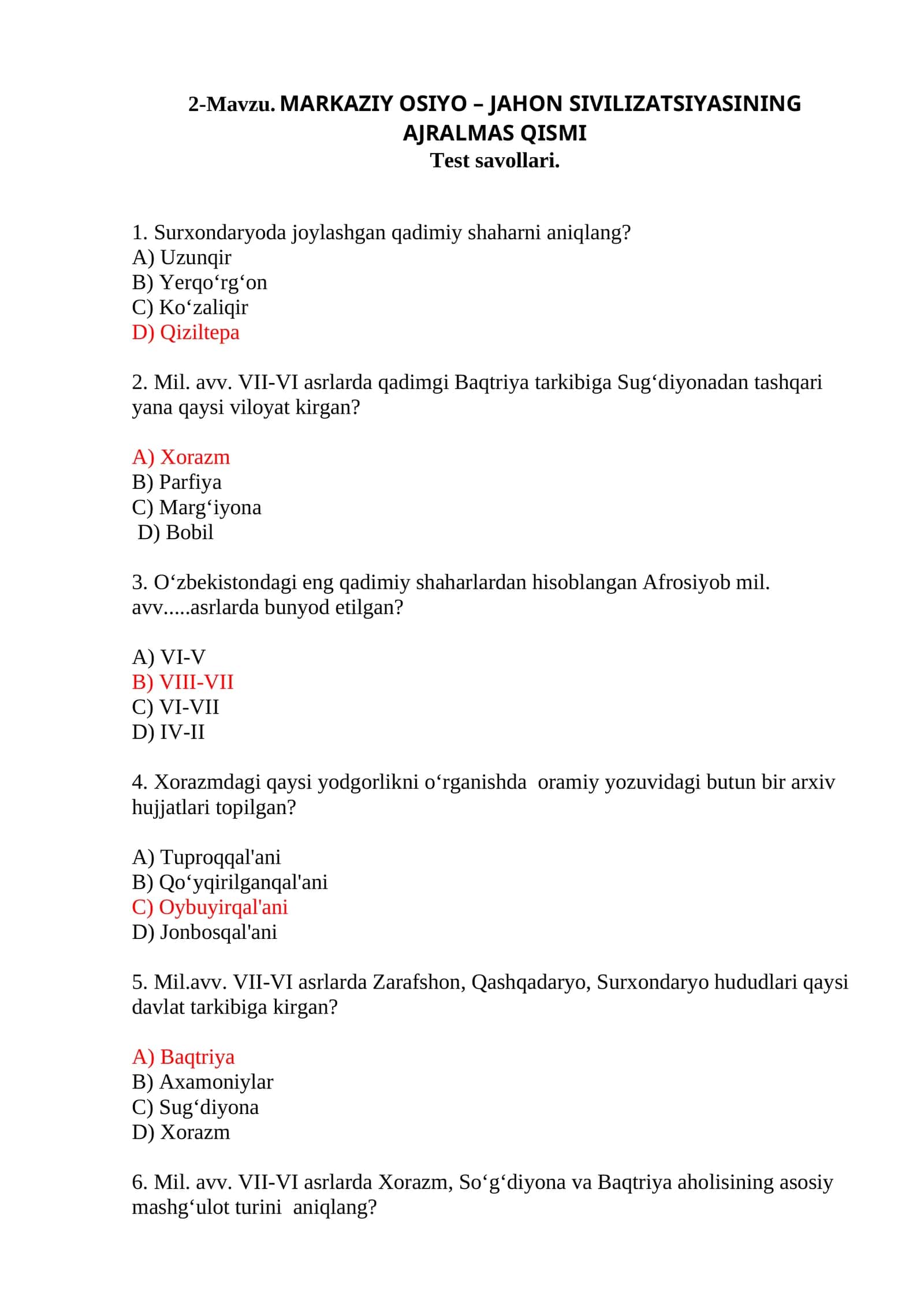 MARKAZIY OSIYO – JAHON SIVILIZATSIYASINING AJRALMAS QISMI