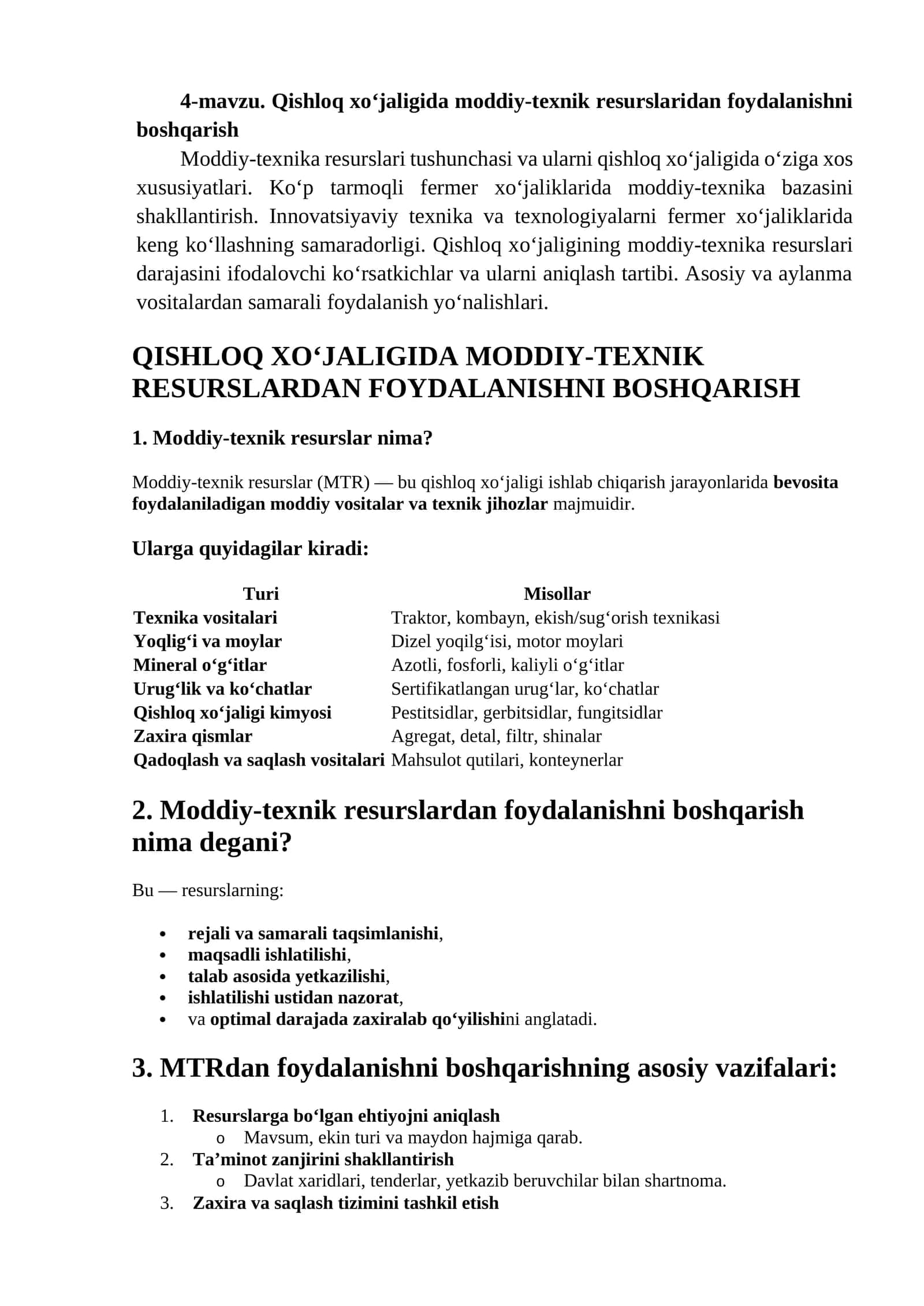 Qishloq xo‘jaligida moddiy-texnik resurslaridan foydalanishni boshqarish