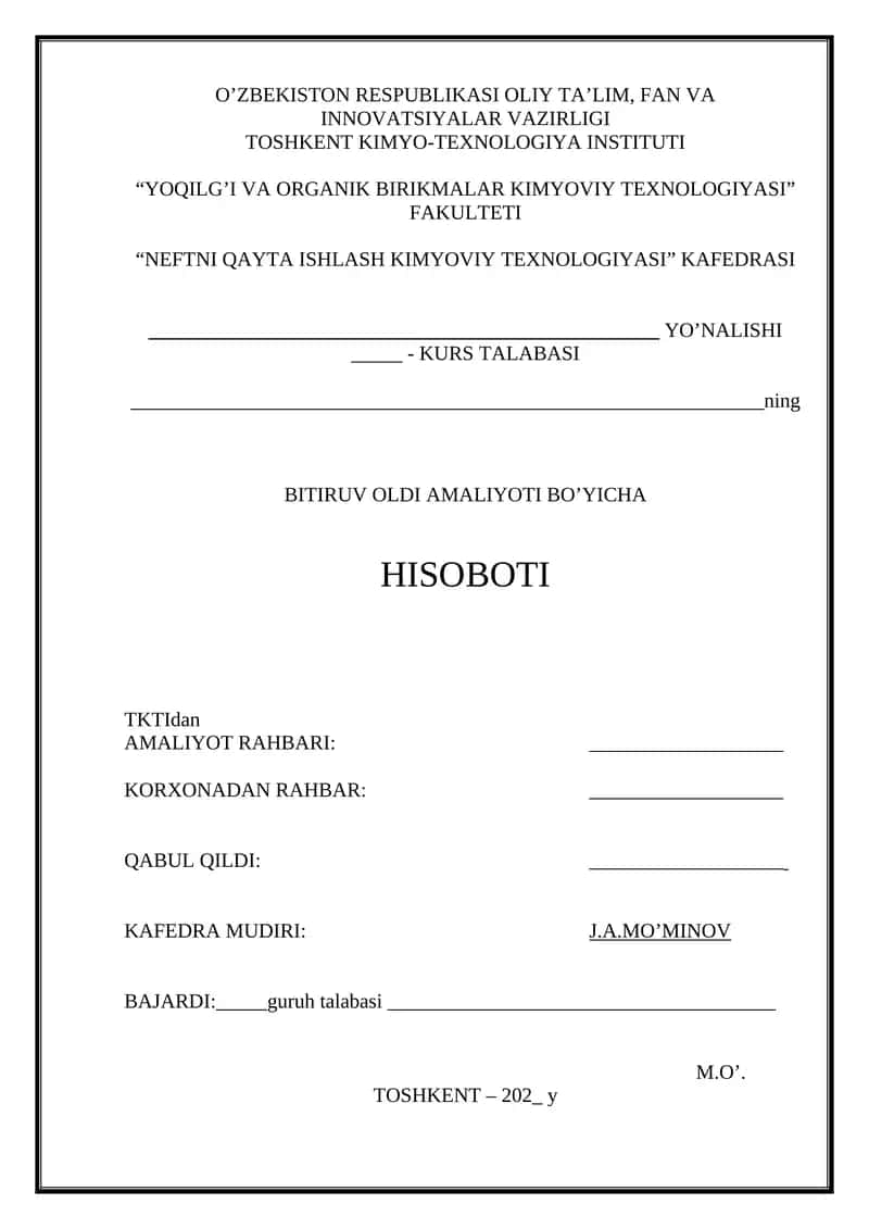 NEFTNI QAYTA ISHLASH KIMYOVIY TEXNOLOGIYASI