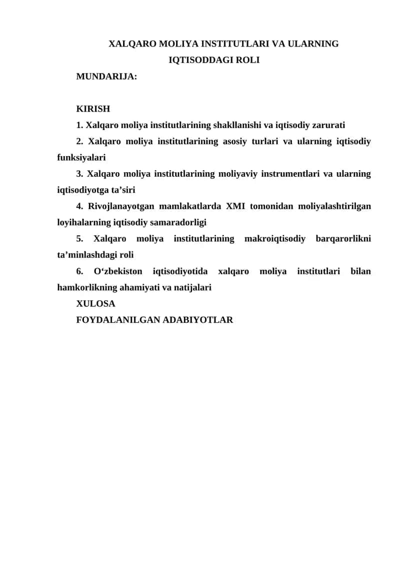 XALQARO MOLIYA INSTITUTLARI VA ULARNING IQTISODDAGI ROLI