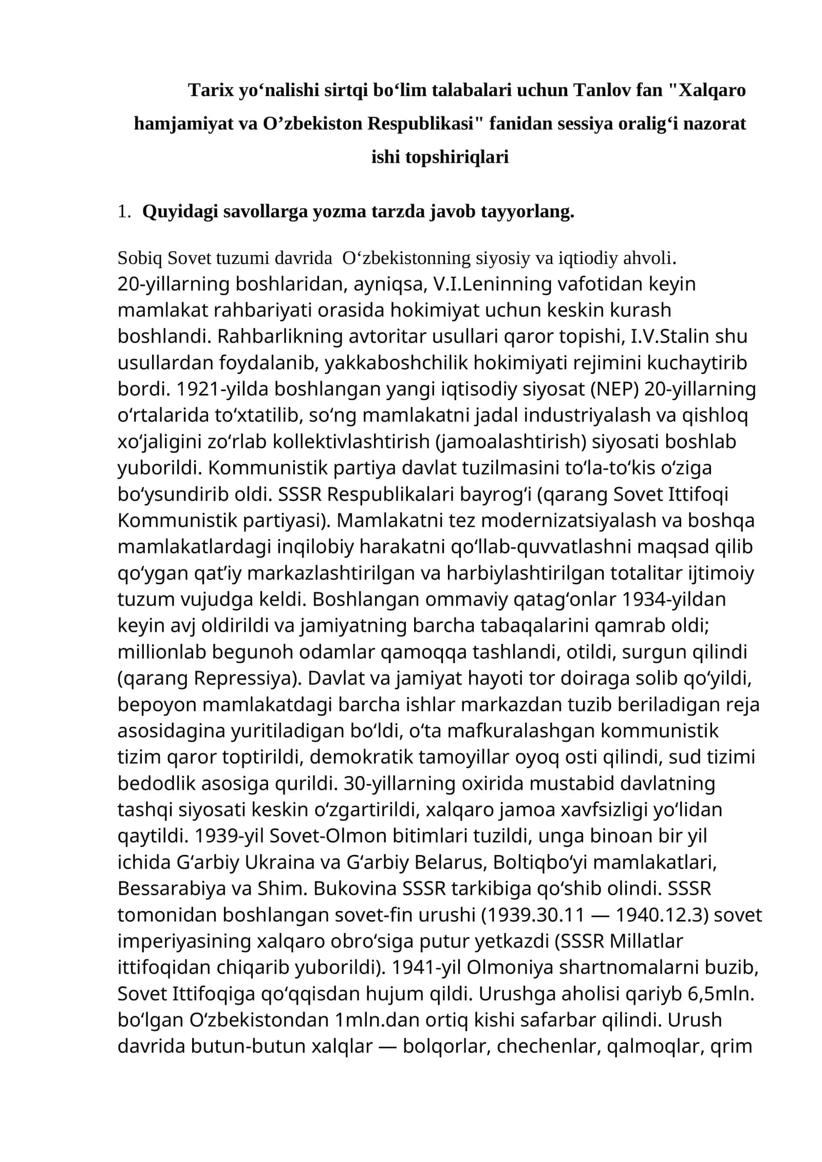 "Xalqaro hamjamiyat va O’zbekiston Respublikasi" fanidan sessiya oralig‘i nazorat ishi topshiriqlari