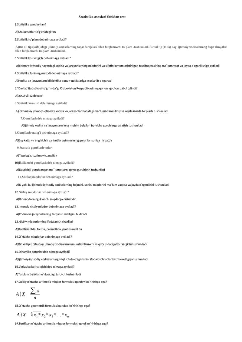Statistika asoslari fanidan test