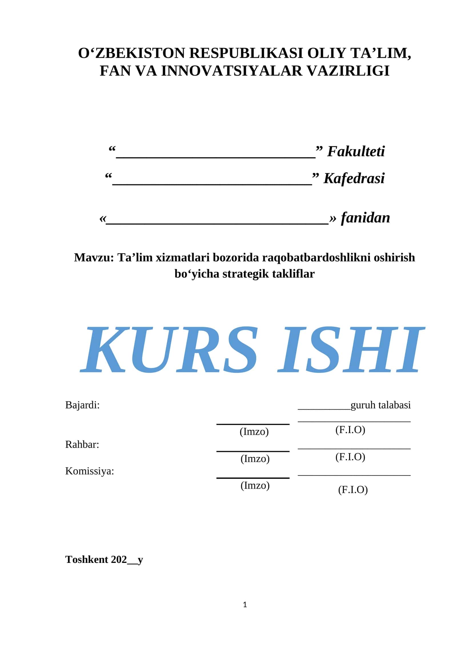 Ta’lim xizmatlari bozorida raqobatbardoshlikni oshirish bo‘yicha strategik takliflar