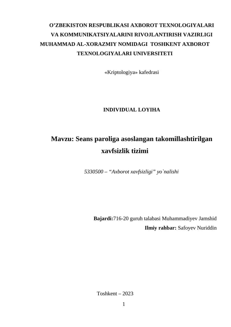 Seans paroliga asoslangan takomillashtirilgan xavfsizlik tizimi