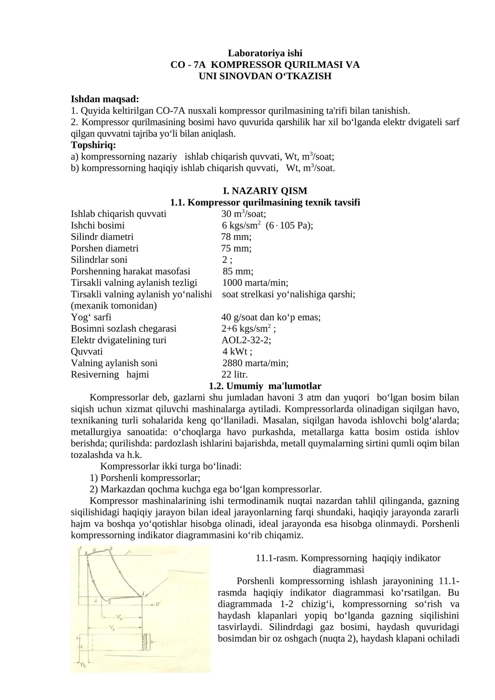 Laboratoriya ishi CO - 7A KOMPRЕSSOR QURILMASI VA UNI SINOVDAN O‘TKAZISH