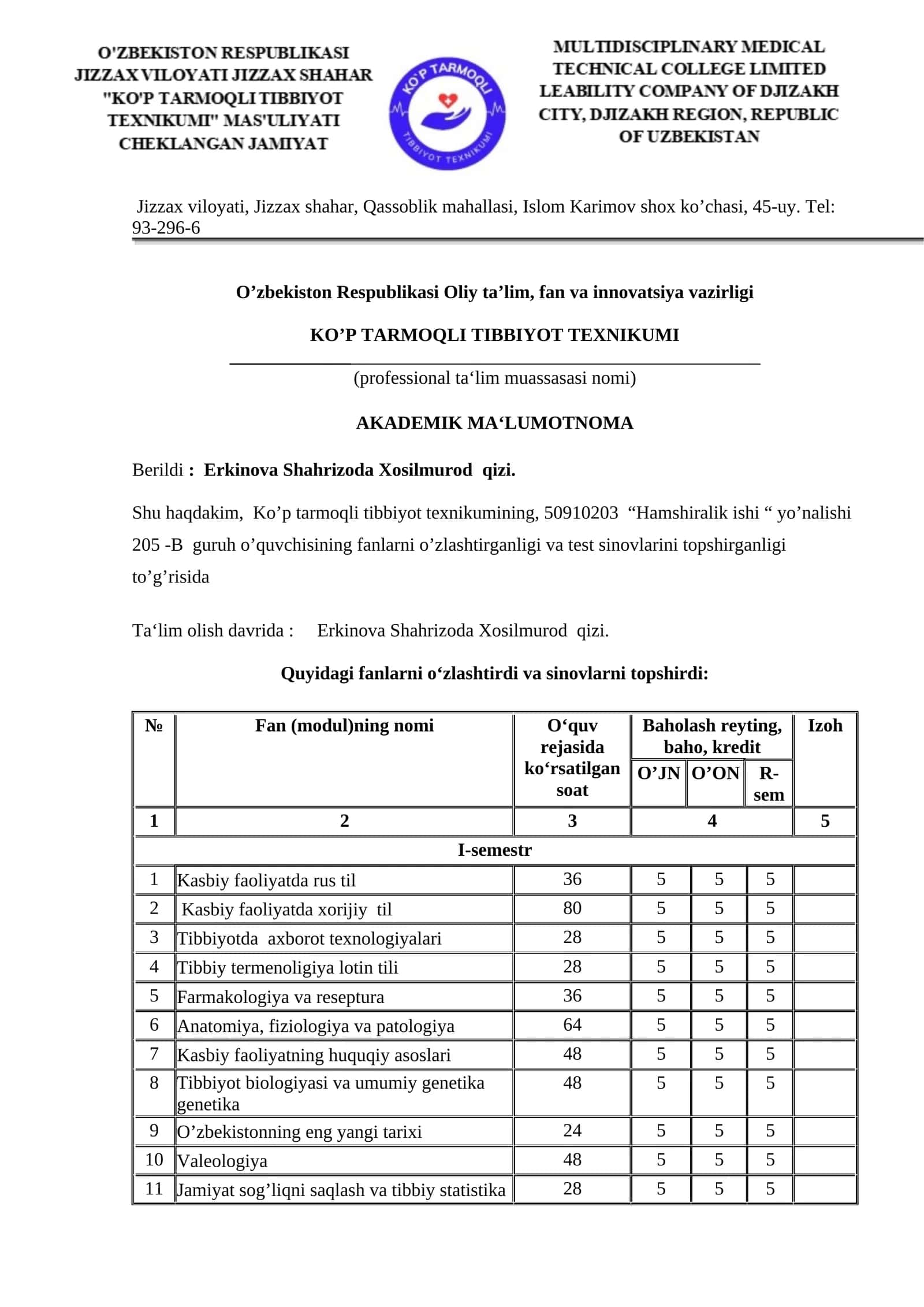 AKADEMIK MA‘LUMOTNOMA