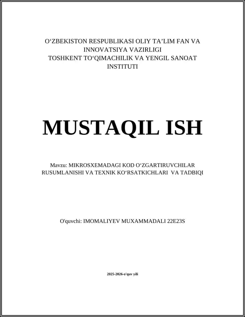 MIKROSXEMADAGI KOD O'ZGARTIRUVCHILAR RUSUMLANISHI VA TEXNIK KO'RSATKICHLARI VA TADBIQI
