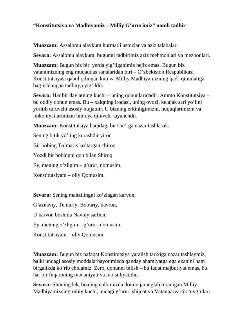 Konstitutsiya va Madhiyamiz – Milliy G’ururimiz