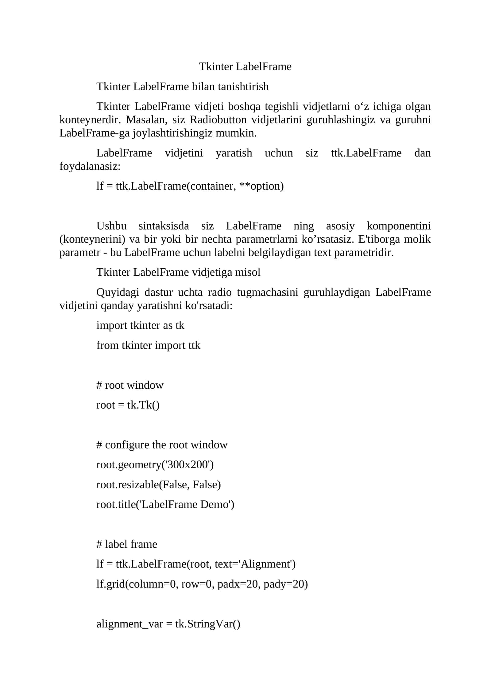 Tkinter LabelFrame