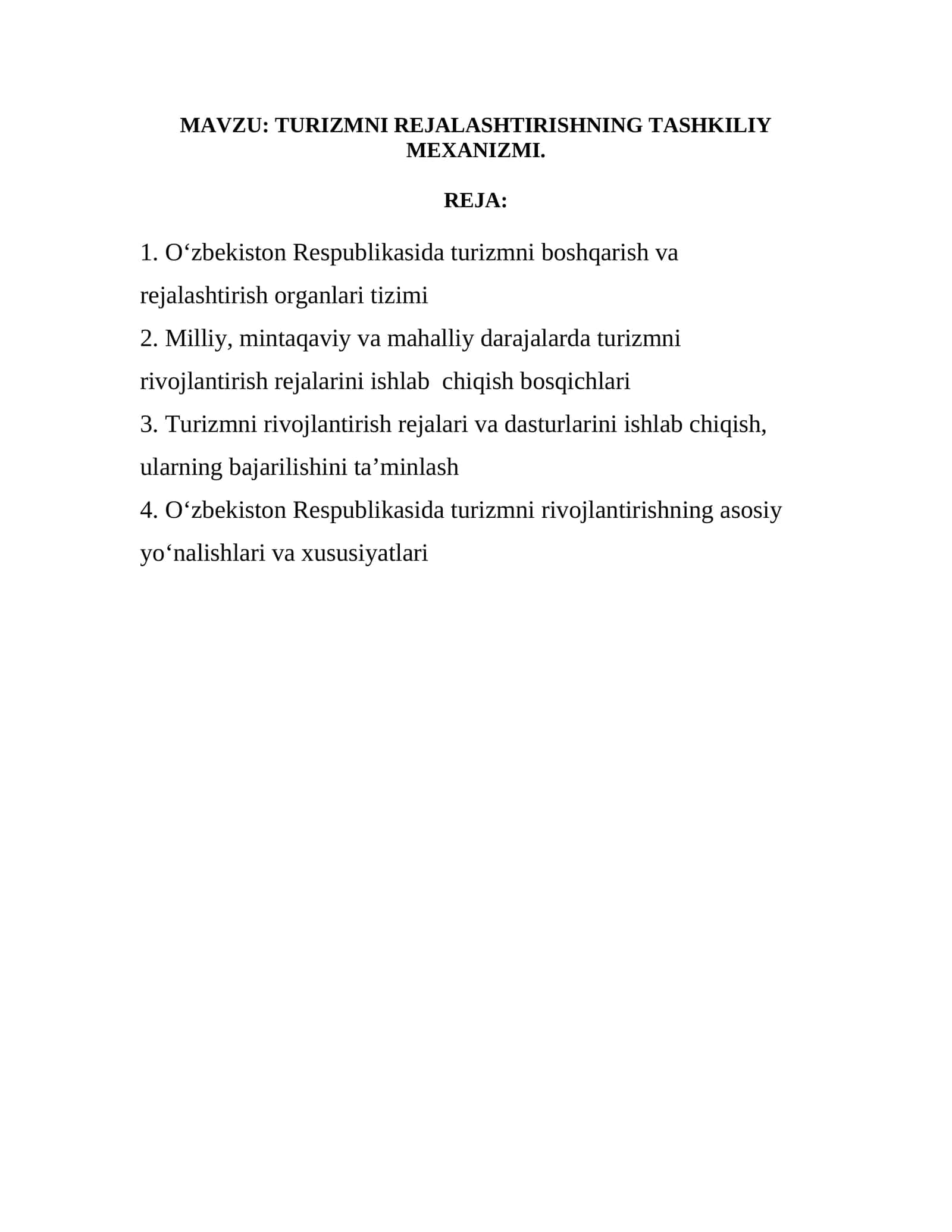 TURIZMNI REJALASHTIRISHNING TASHKILIY MEXANIZMI